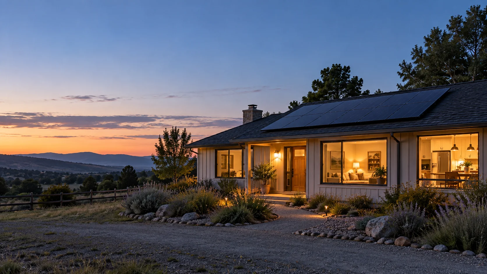A warmly lit off-grid home at evening, with solar panels and a calm landscape