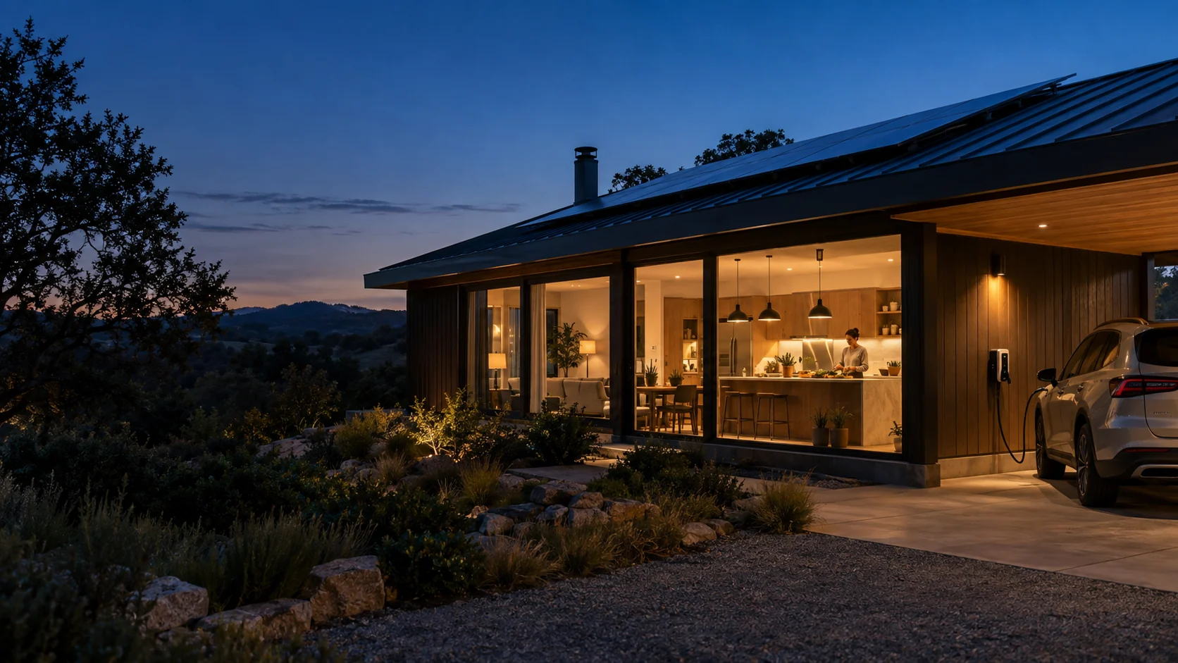An off-grid home at blue hour with a bright interior and a wide view of the landscape